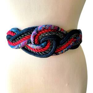 Leather Shop Vintage 80s Braided Cord Belt Black Red Adjustable Small / Medium